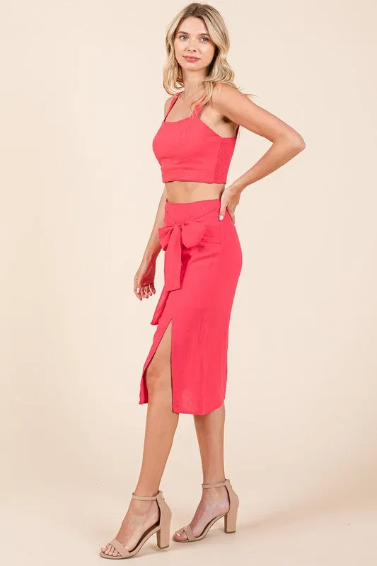 Fuchsia 2 Piece Linen Crop Cop and Pencil Skirt Set