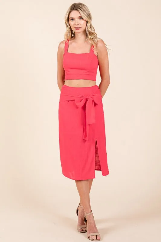 Fuchsia 2 Piece Linen Crop Cop and Pencil Skirt Set