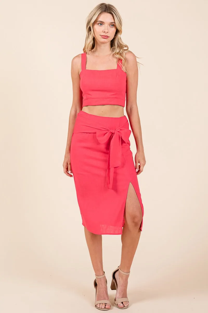 Fuchsia 2 Piece Linen Crop Cop and Pencil Skirt Set