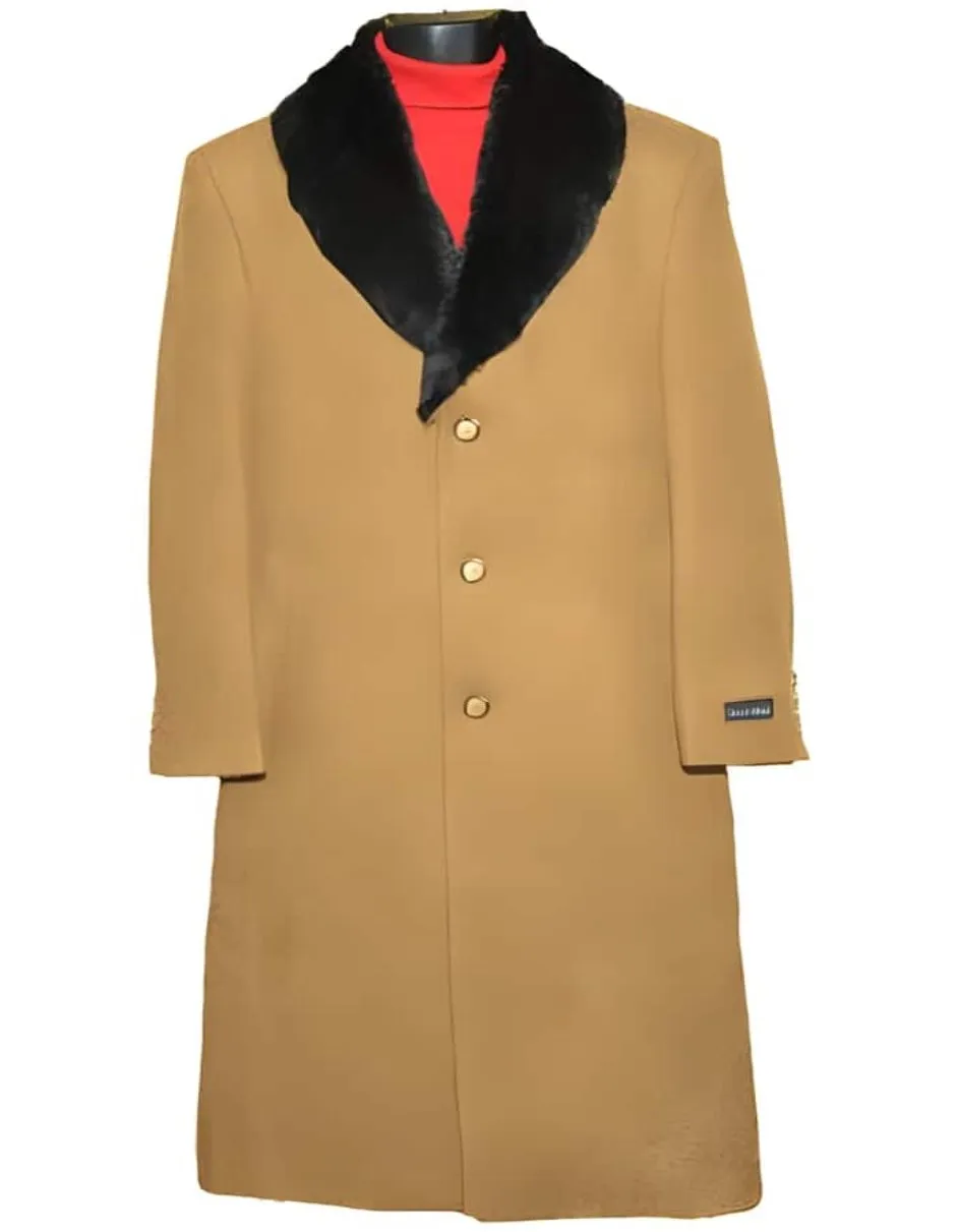 Fur Collar Camel 3 Button Wool Ankle length Overcoat ~ Long men's Dress Topcoat - Winter coat 95% Wool Fabric