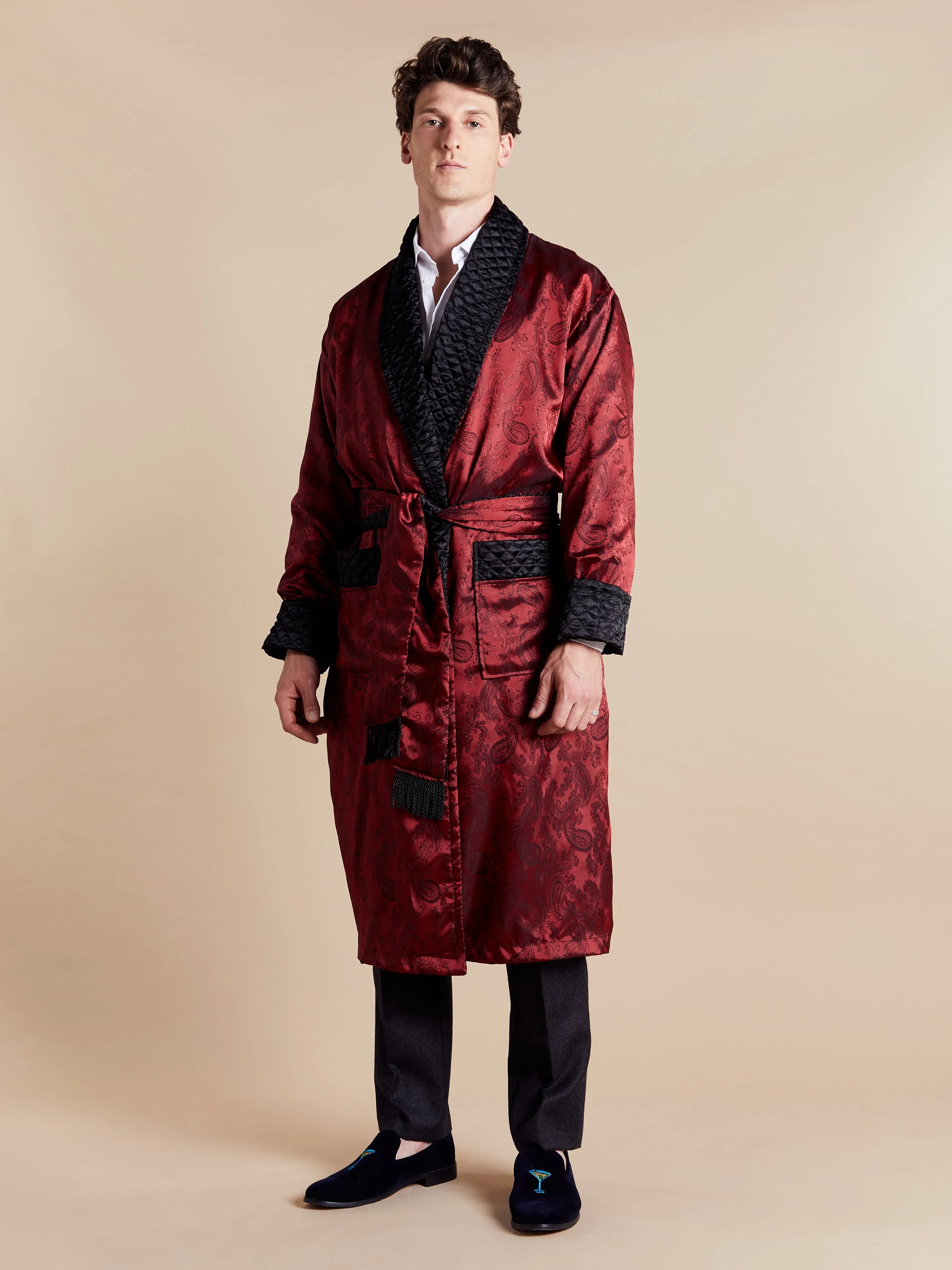 Gable Mens Long Smoking Jacket - Claret