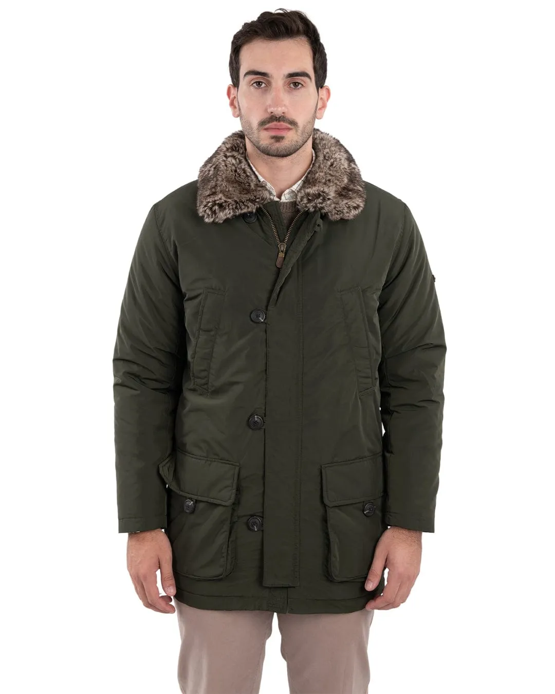 Green Parka With Detachable Faux Fur Collar