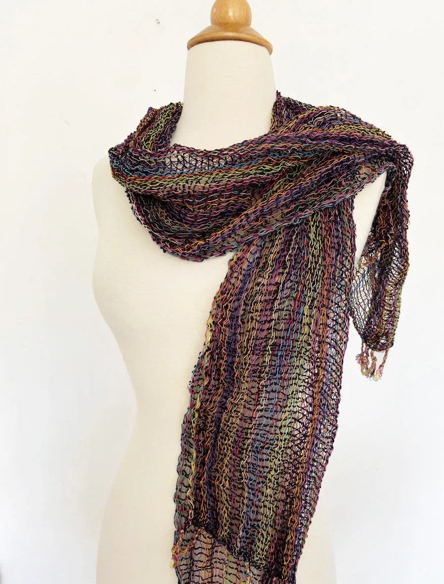 Handwoven Open Weave Cotton Scarf - Multi Black Purple