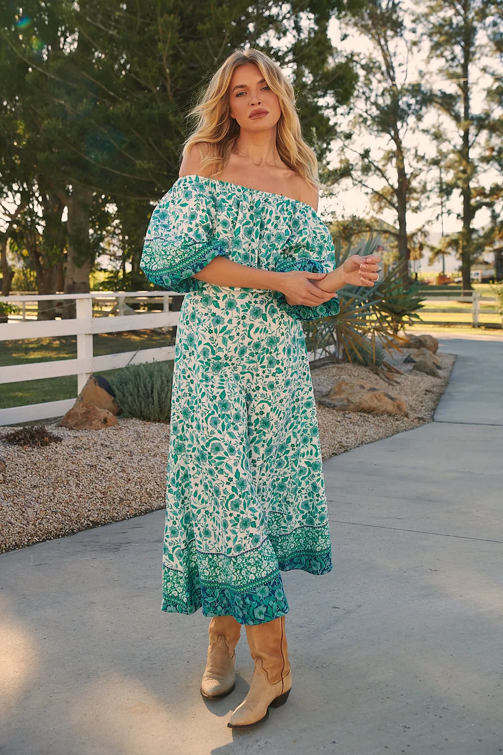 Henley Linen Maxi Dress - Emerald/White