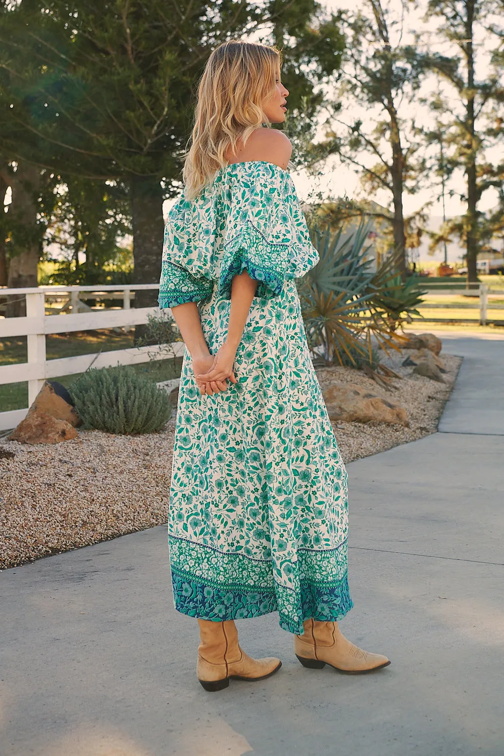 Henley Linen Maxi Dress - Emerald/White