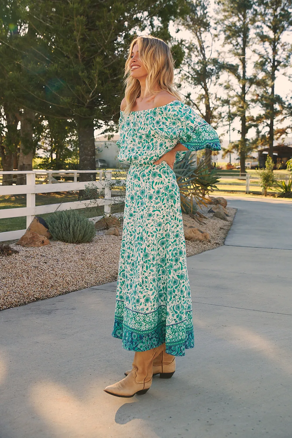 Henley Linen Maxi Dress - Emerald/White