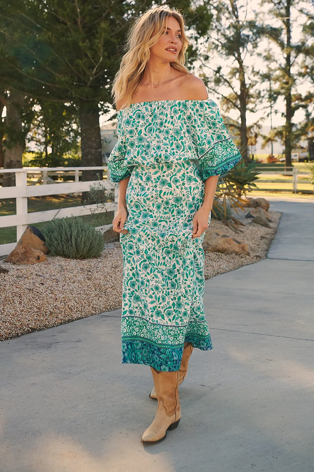 Henley Linen Maxi Dress - Emerald/White