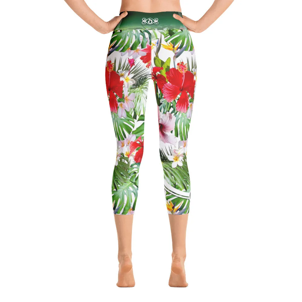 Hibiscus Florals Yoga Capri Leggings Floral Print Capri Pants High Waist YOGA Capri Leggings, PF