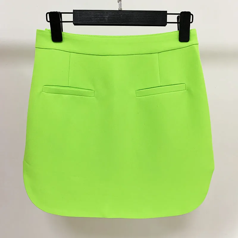 Hight Waisted Neon Green Skirt Gold-tone Mini Skirt for Ladies