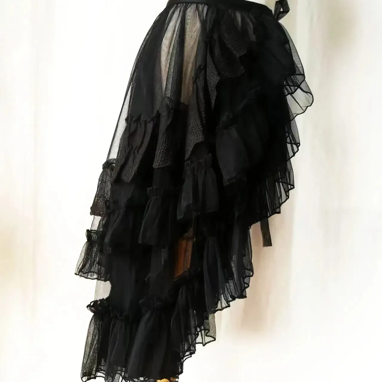 Hnewly Double Layered Lolita Waist Curtain Sheer Cover Up High Low Skirt w. Asymmetrical Ruffles