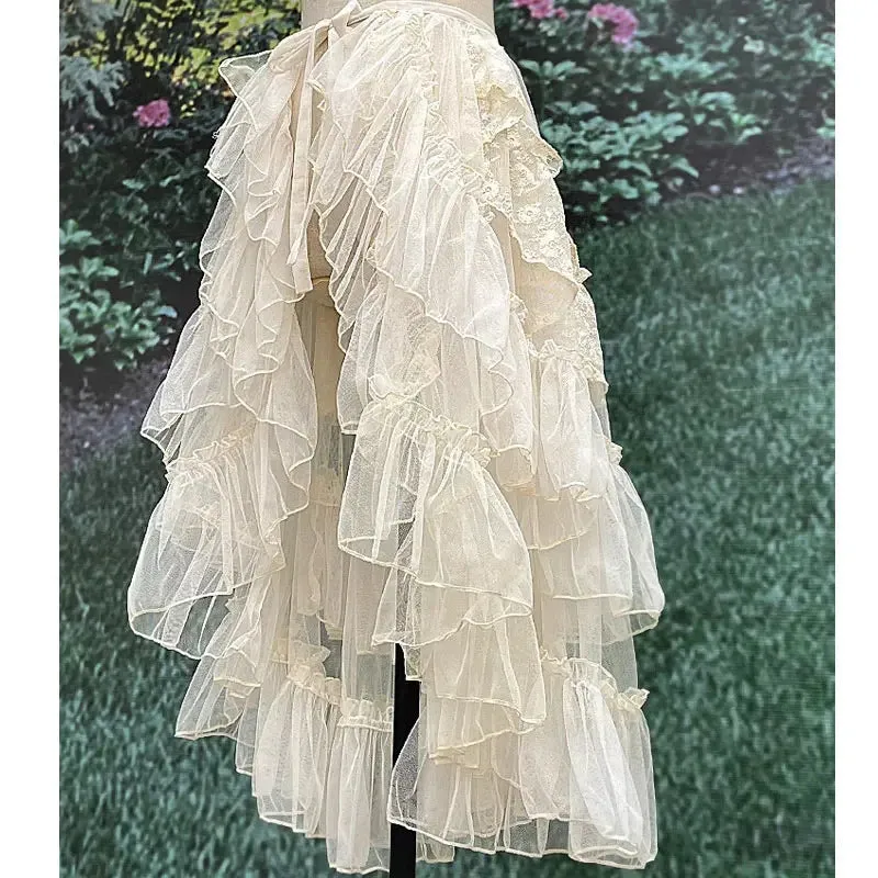 Hnewly Double Layered Lolita Waist Curtain Sheer Cover Up High Low Skirt w. Asymmetrical Ruffles