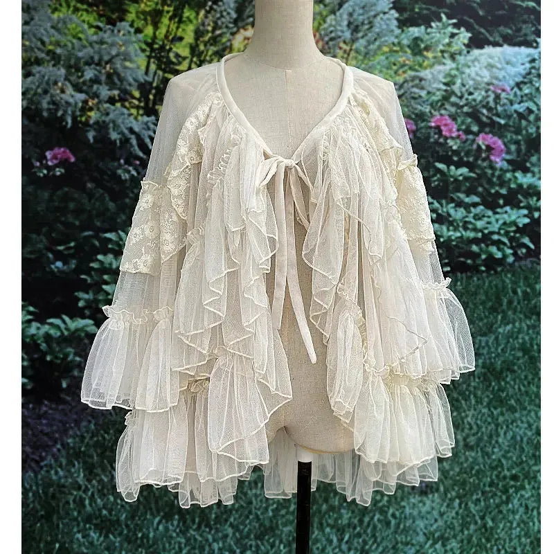 Hnewly Double Layered Lolita Waist Curtain Sheer Cover Up High Low Skirt w. Asymmetrical Ruffles