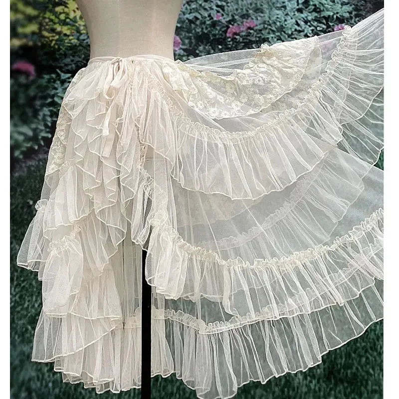 Hnewly Double Layered Lolita Waist Curtain Sheer Cover Up High Low Skirt w. Asymmetrical Ruffles