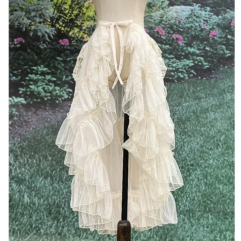 Hnewly Double Layered Lolita Waist Curtain Sheer Cover Up High Low Skirt w. Asymmetrical Ruffles