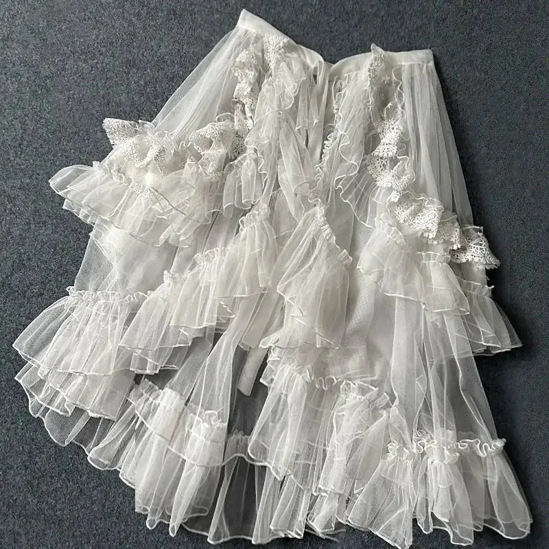 Hnewly Double Layered Lolita Waist Curtain Sheer Cover Up High Low Skirt w. Asymmetrical Ruffles