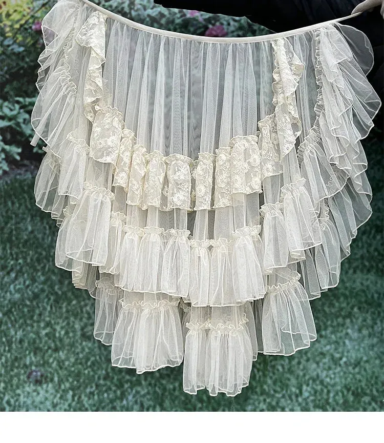 Hnewly Double Layered Lolita Waist Curtain Sheer Cover Up High Low Skirt w. Asymmetrical Ruffles