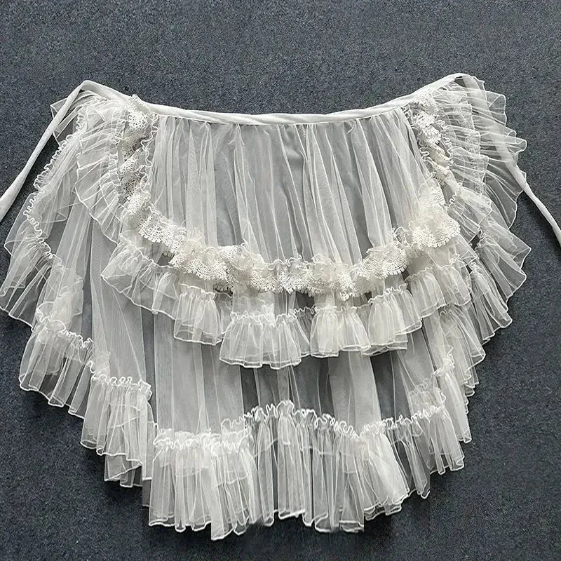 Hnewly Double Layered Lolita Waist Curtain Sheer Cover Up High Low Skirt w. Asymmetrical Ruffles