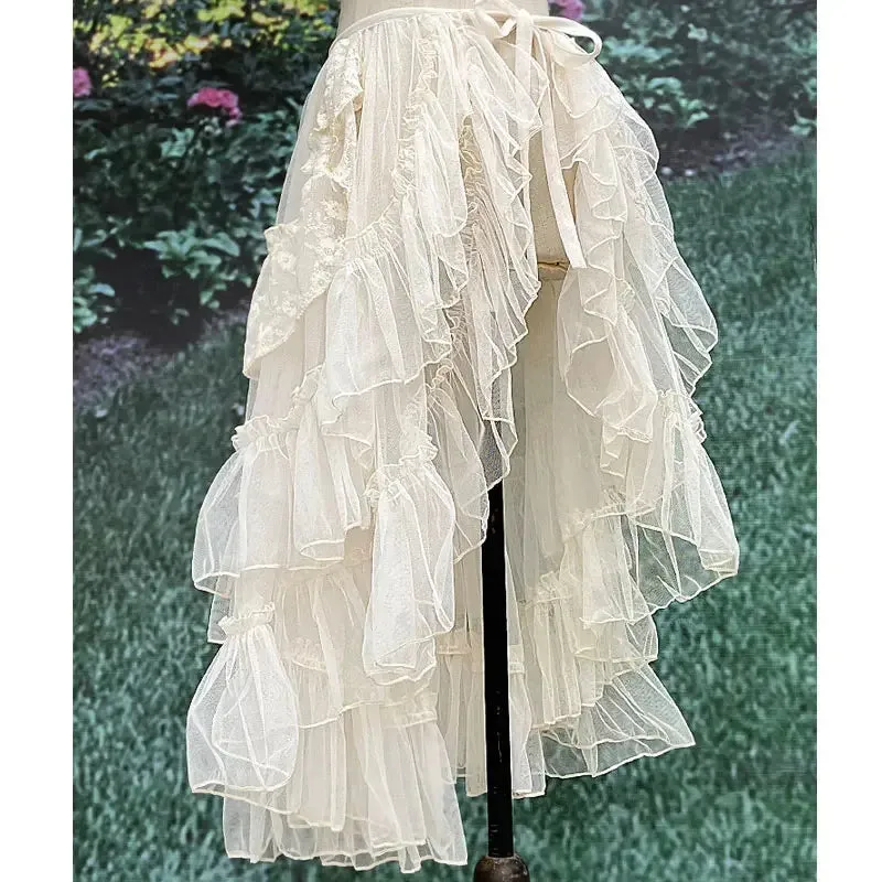 Hnewly Double Layered Lolita Waist Curtain Sheer Cover Up High Low Skirt w. Asymmetrical Ruffles