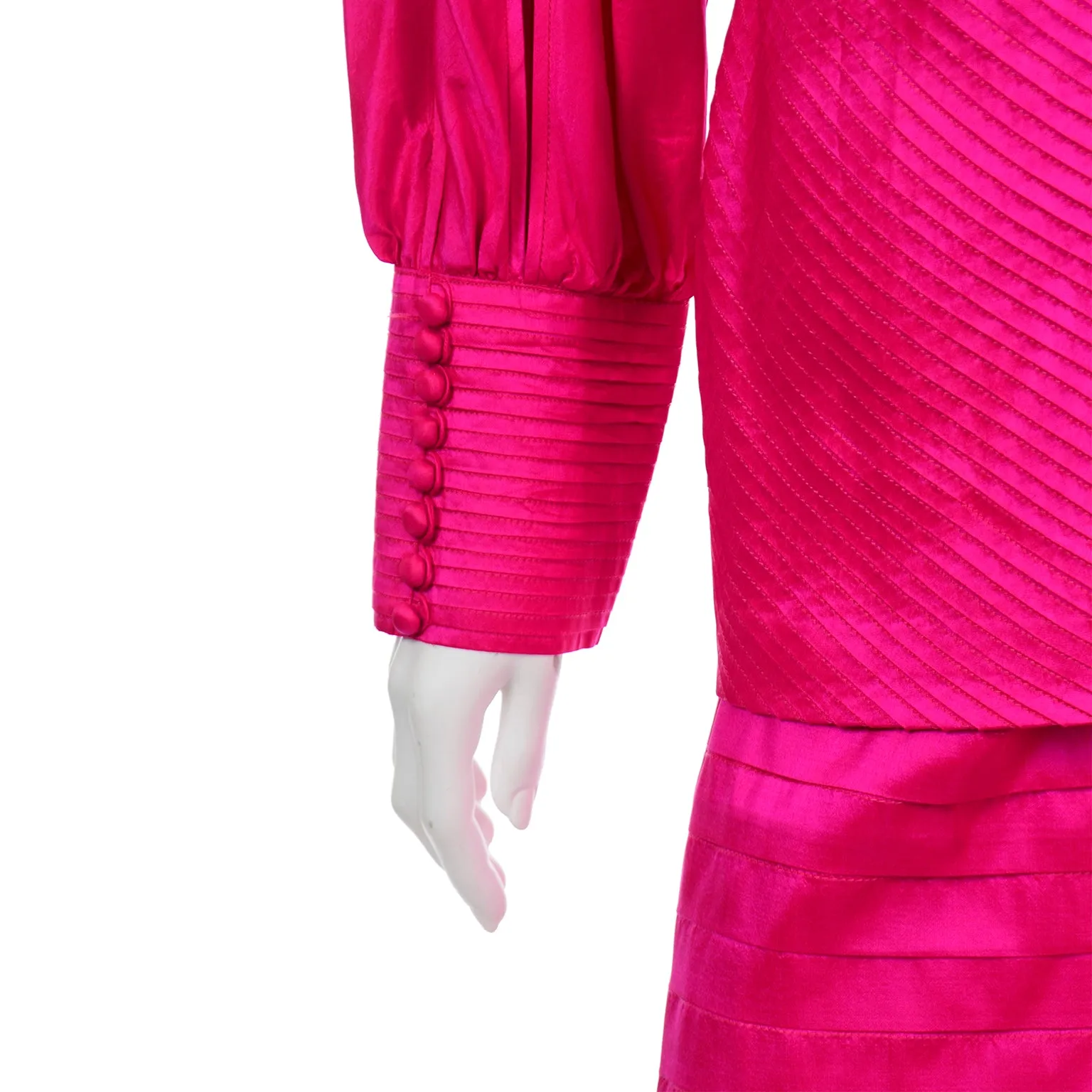 Hot Pink Vintage Thai Silk Custom 2pc Dress w Statement Sleeves & Pleats