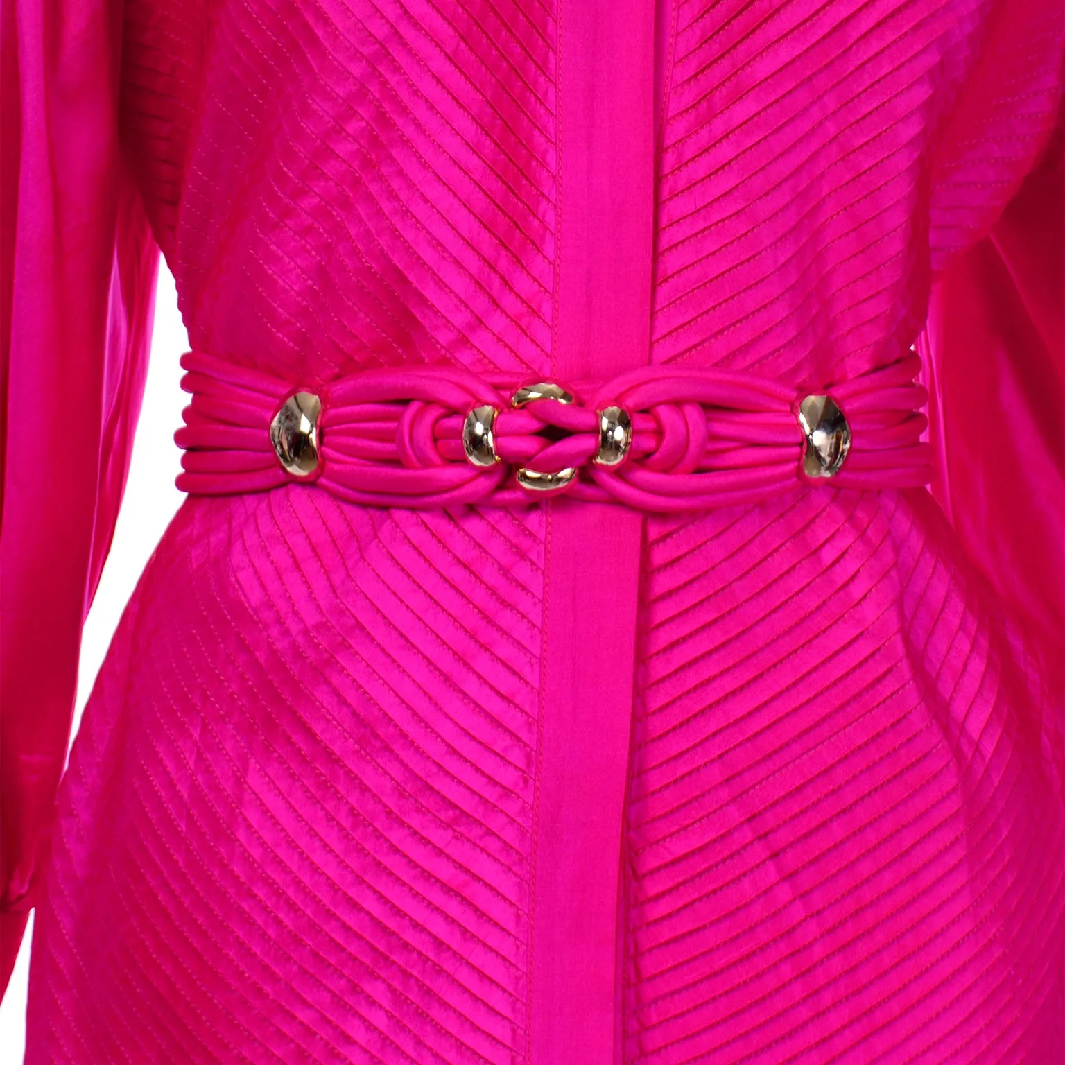 Hot Pink Vintage Thai Silk Custom 2pc Dress w Statement Sleeves & Pleats