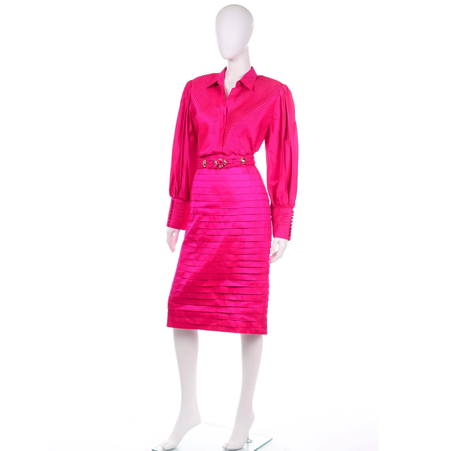 Hot Pink Vintage Thai Silk Custom 2pc Dress w Statement Sleeves & Pleats