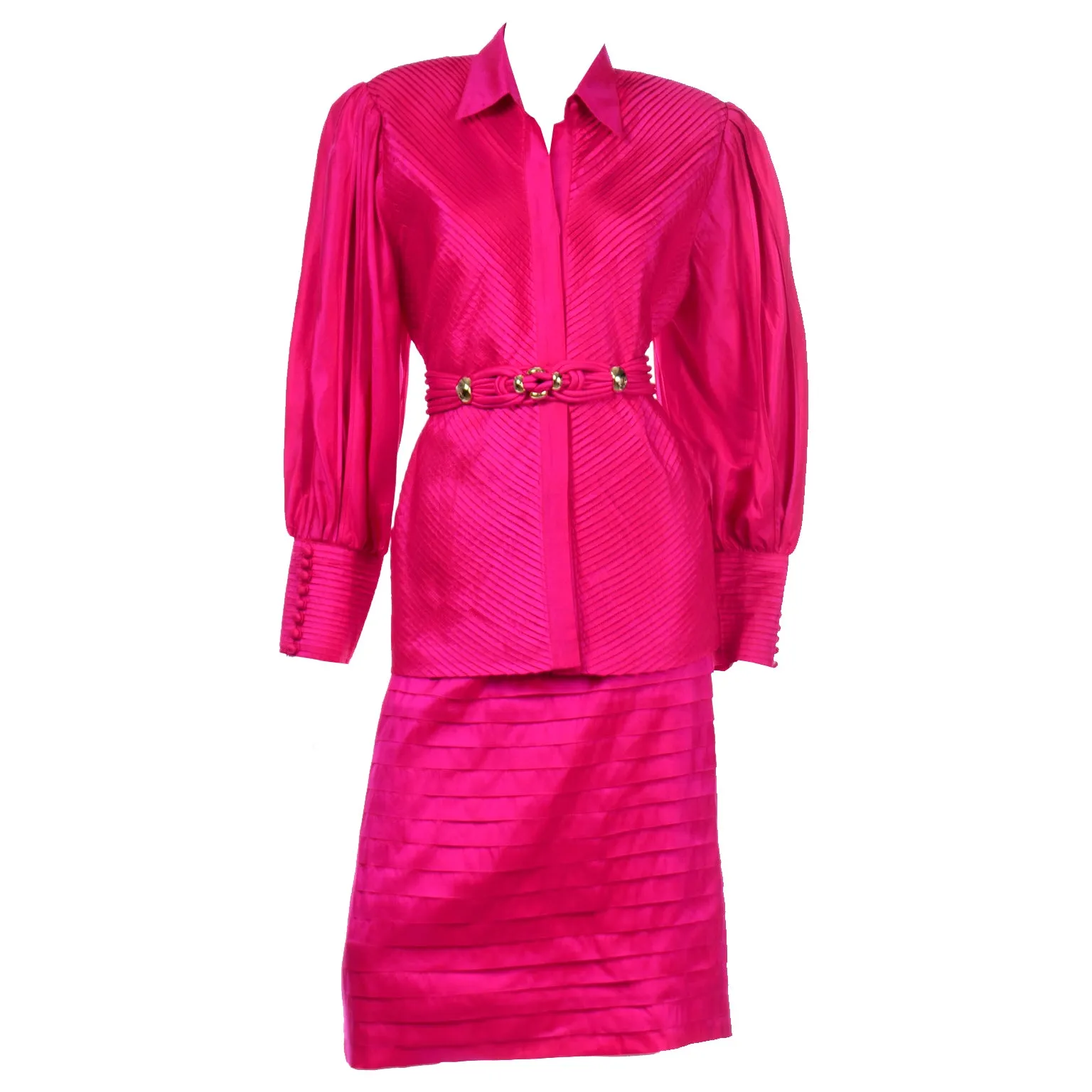 Hot Pink Vintage Thai Silk Custom 2pc Dress w Statement Sleeves & Pleats