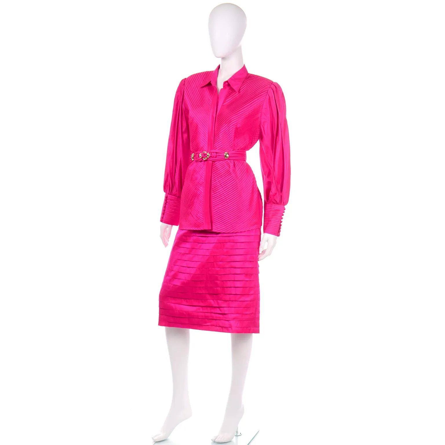 Hot Pink Vintage Thai Silk Custom 2pc Dress w Statement Sleeves & Pleats