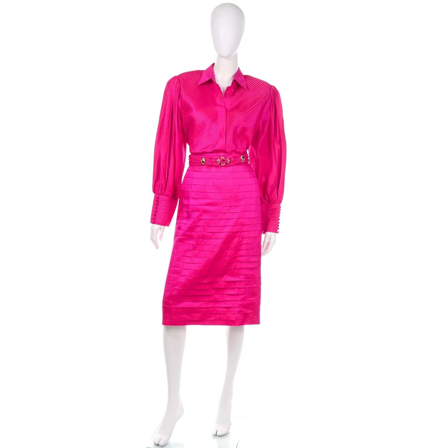 Hot Pink Vintage Thai Silk Custom 2pc Dress w Statement Sleeves & Pleats