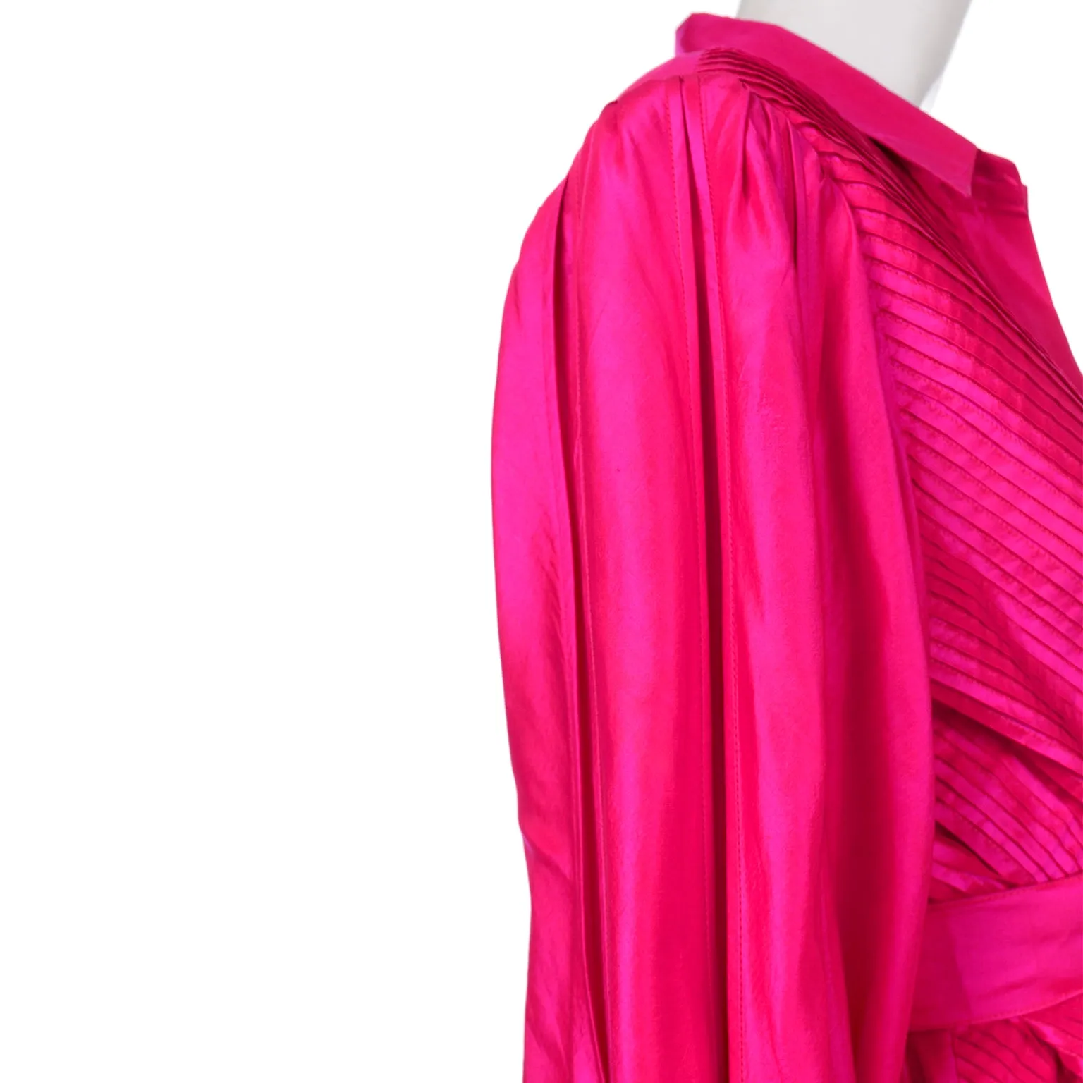 Hot Pink Vintage Thai Silk Custom 2pc Dress w Statement Sleeves & Pleats