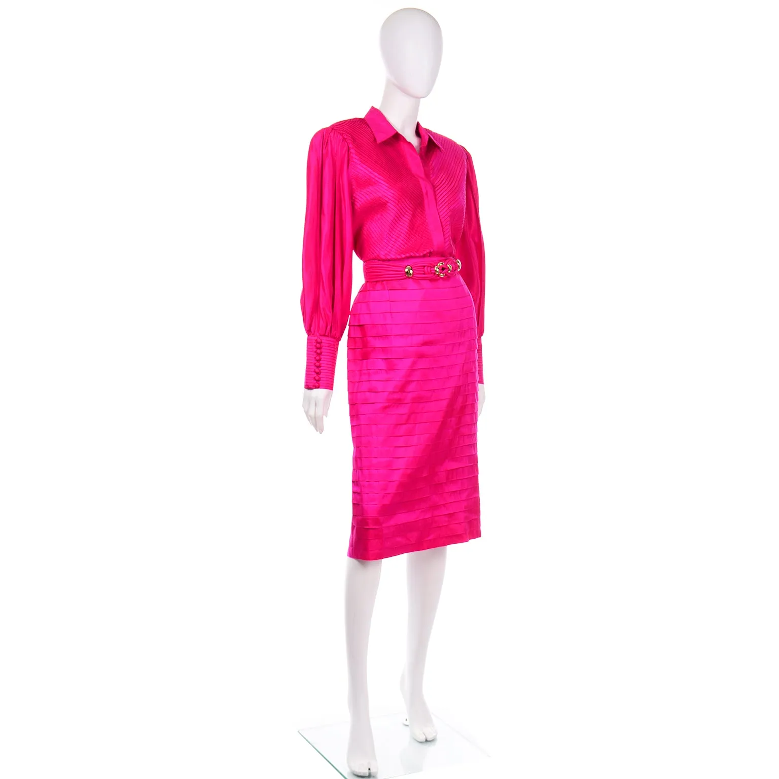 Hot Pink Vintage Thai Silk Custom 2pc Dress w Statement Sleeves & Pleats