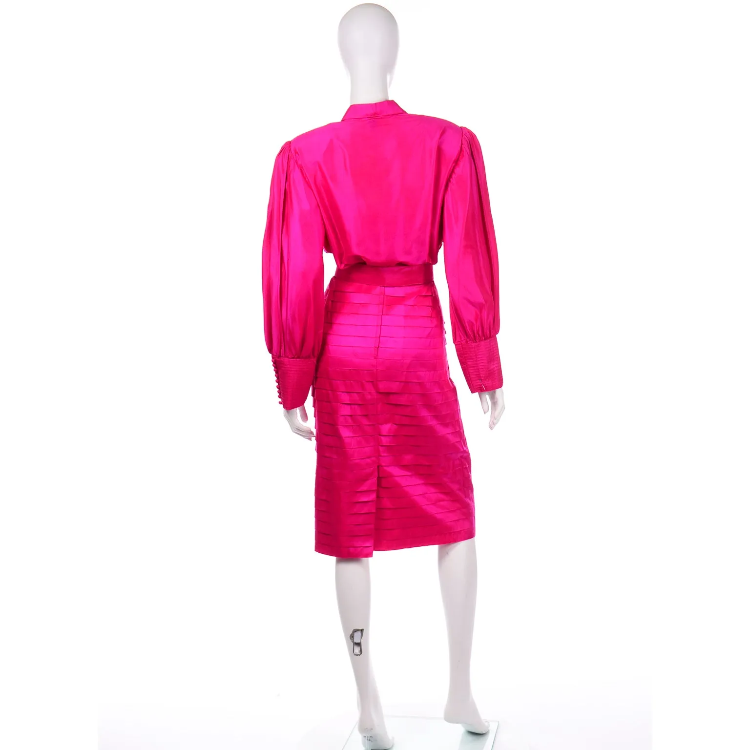 Hot Pink Vintage Thai Silk Custom 2pc Dress w Statement Sleeves & Pleats