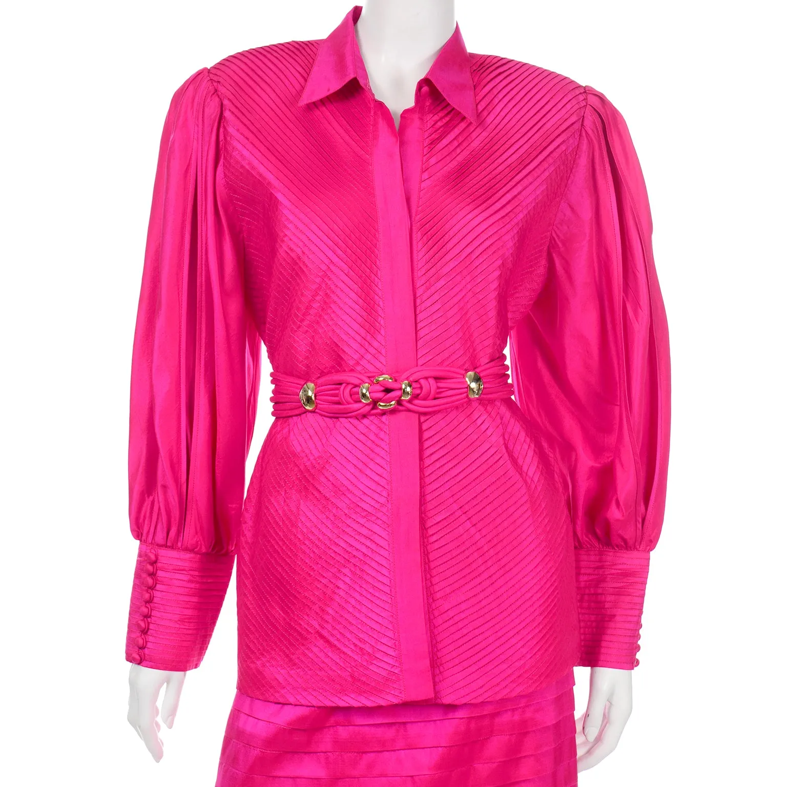 Hot Pink Vintage Thai Silk Custom 2pc Dress w Statement Sleeves & Pleats