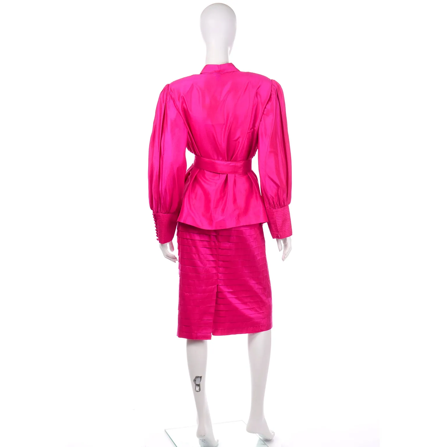 Hot Pink Vintage Thai Silk Custom 2pc Dress w Statement Sleeves & Pleats