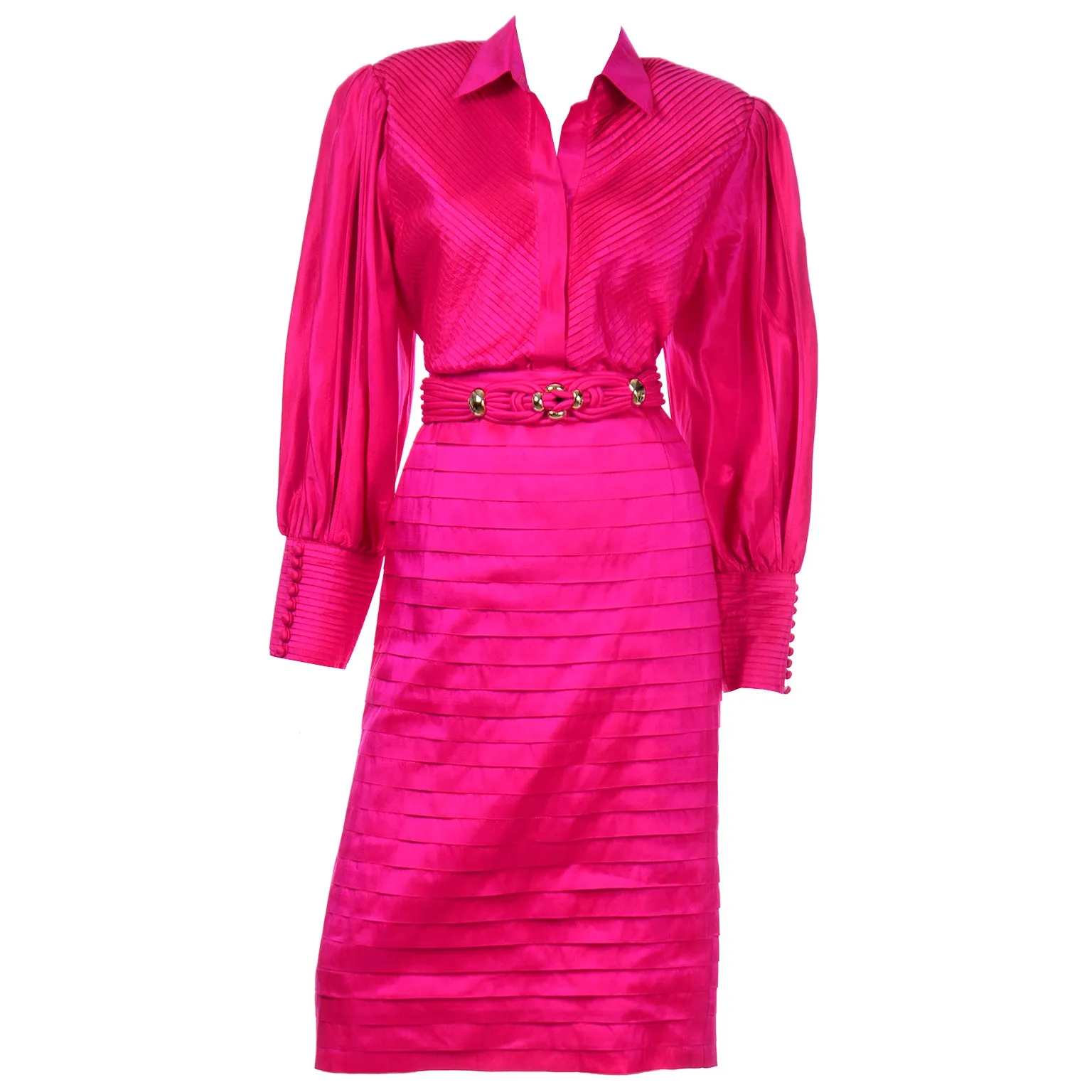 Hot Pink Vintage Thai Silk Custom 2pc Dress w Statement Sleeves & Pleats