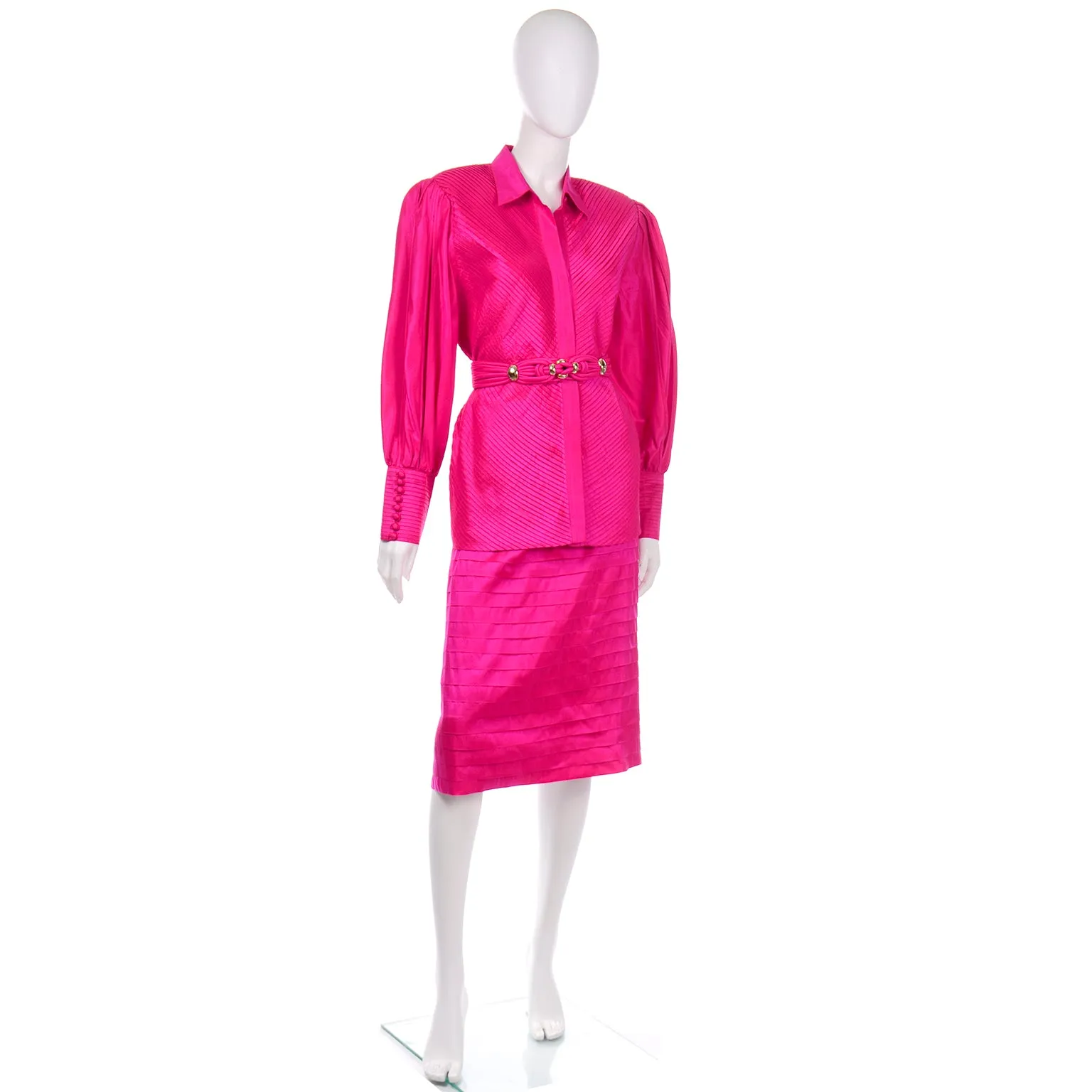 Hot Pink Vintage Thai Silk Custom 2pc Dress w Statement Sleeves & Pleats