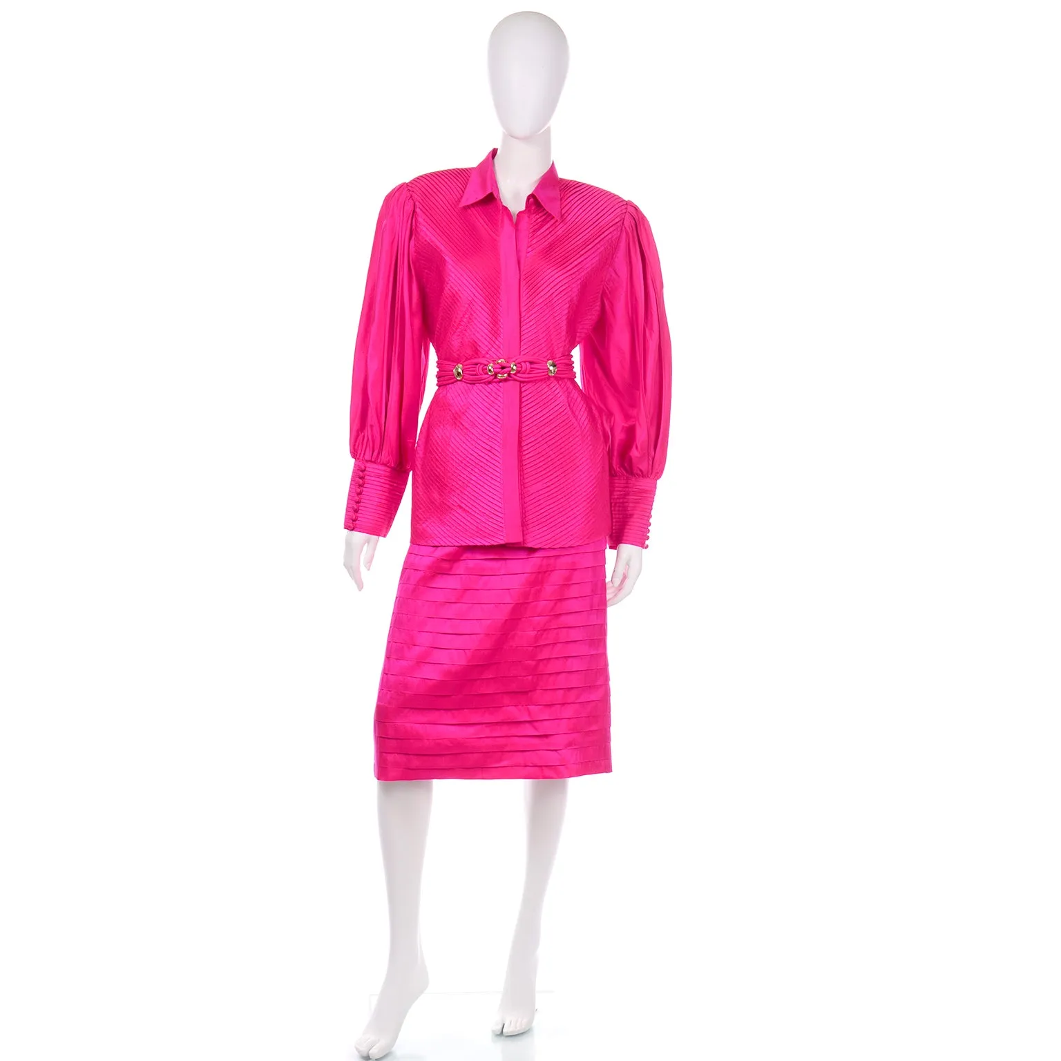 Hot Pink Vintage Thai Silk Custom 2pc Dress w Statement Sleeves & Pleats