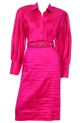 Hot Pink Vintage Thai Silk Custom 2pc Dress w Statement Sleeves & Pleats