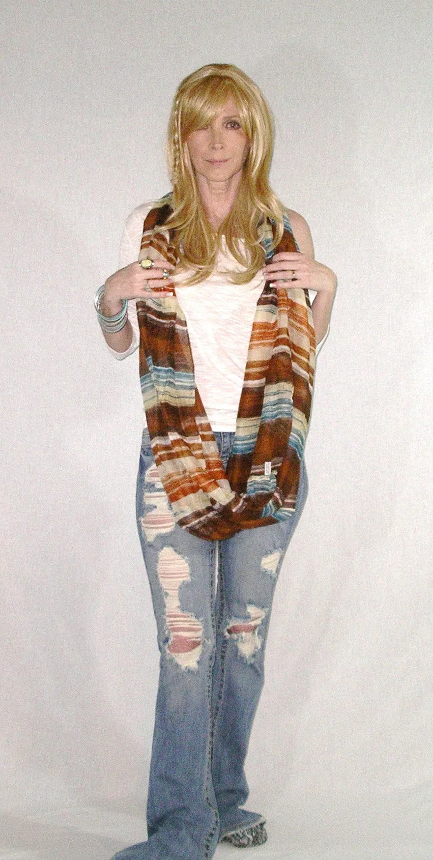 Infinity Scarf Boho Painted Desert Brown Lightweight Summer Spring Fall Scarves Mexican Serape Brown Clay Orange Blue Double Loop Eternity