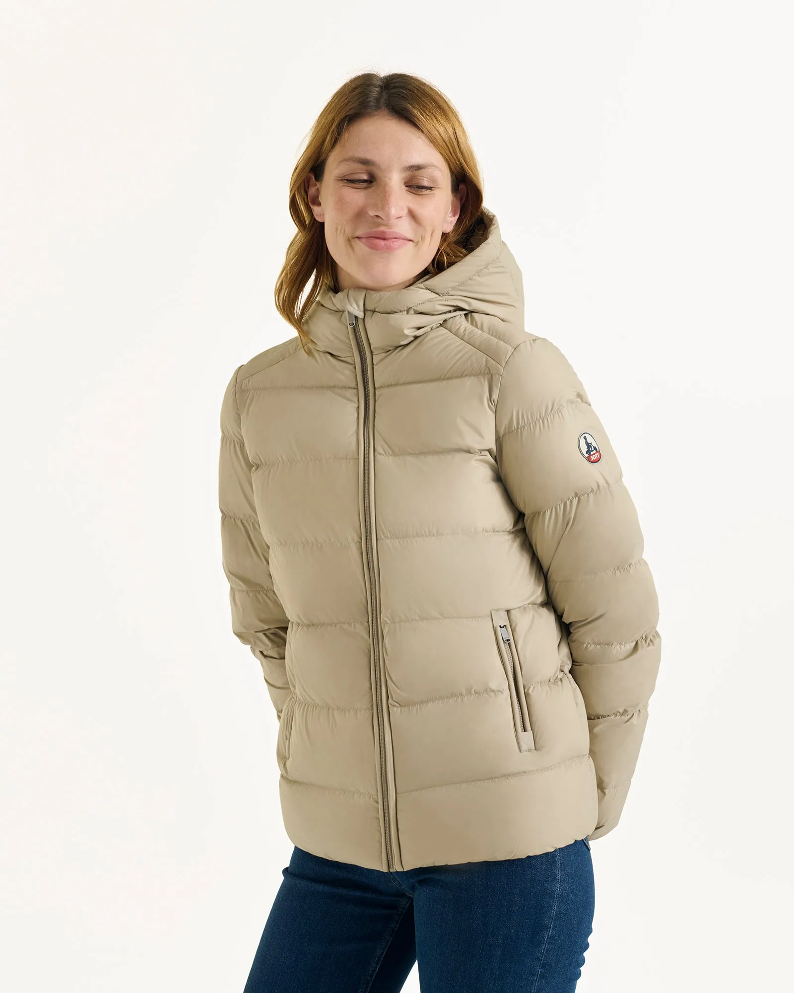 Johanna straight-cut hooded down jacket Beige