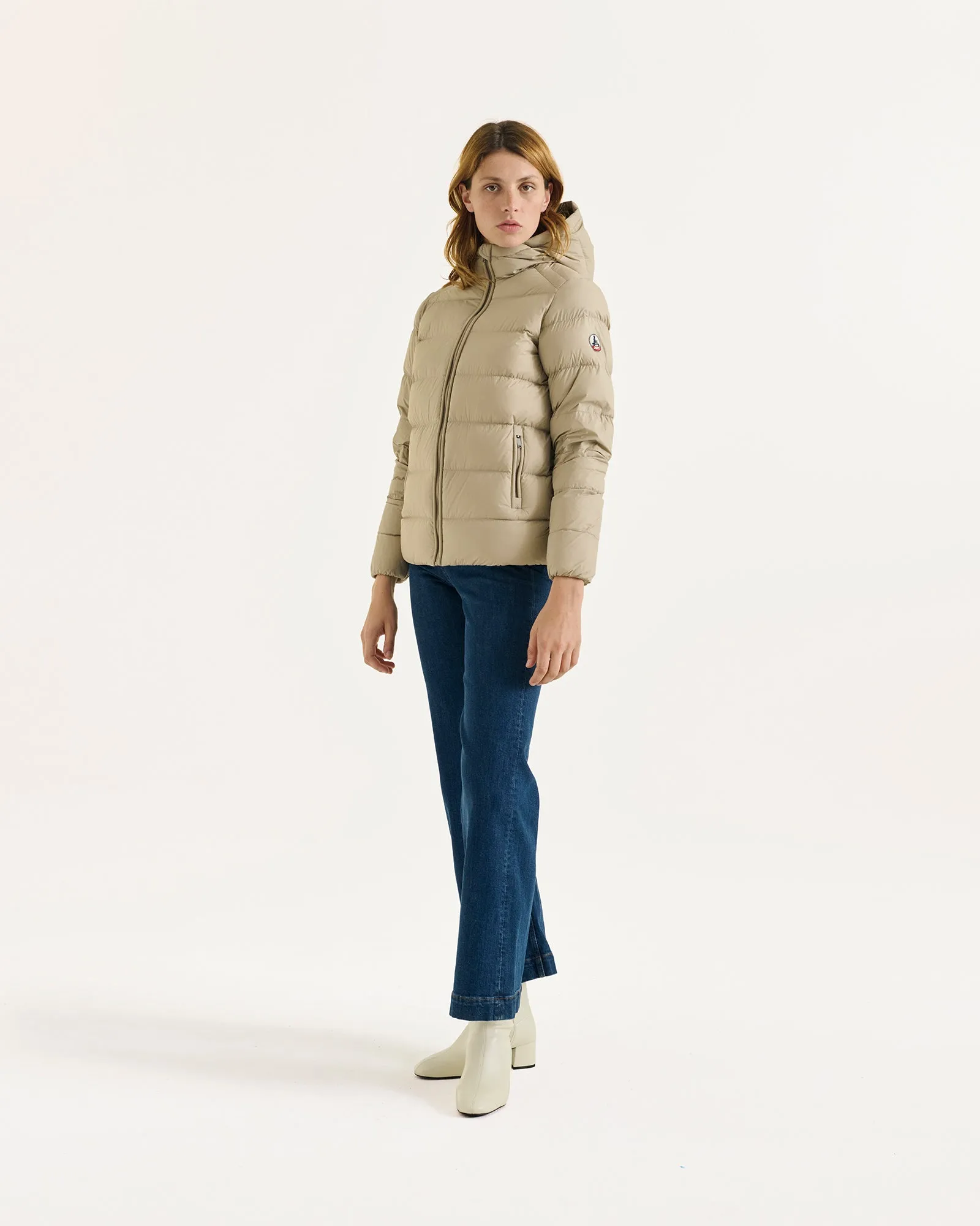 Johanna straight-cut hooded down jacket Beige