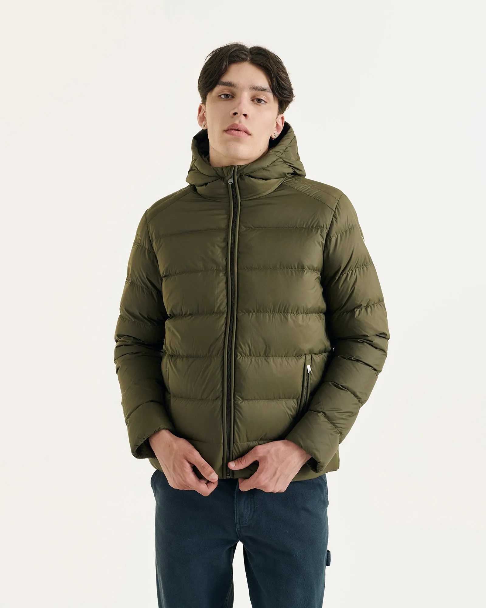 John straight-cut hooded down jacket Army