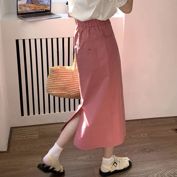 [Korean Style] 2 Colors Cinched Waist Long Slit Skirt w/ Pockets