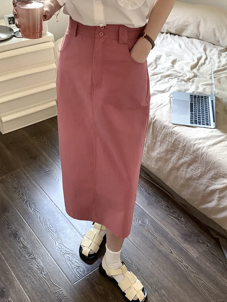 [Korean Style] 2 Colors Cinched Waist Long Slit Skirt w/ Pockets