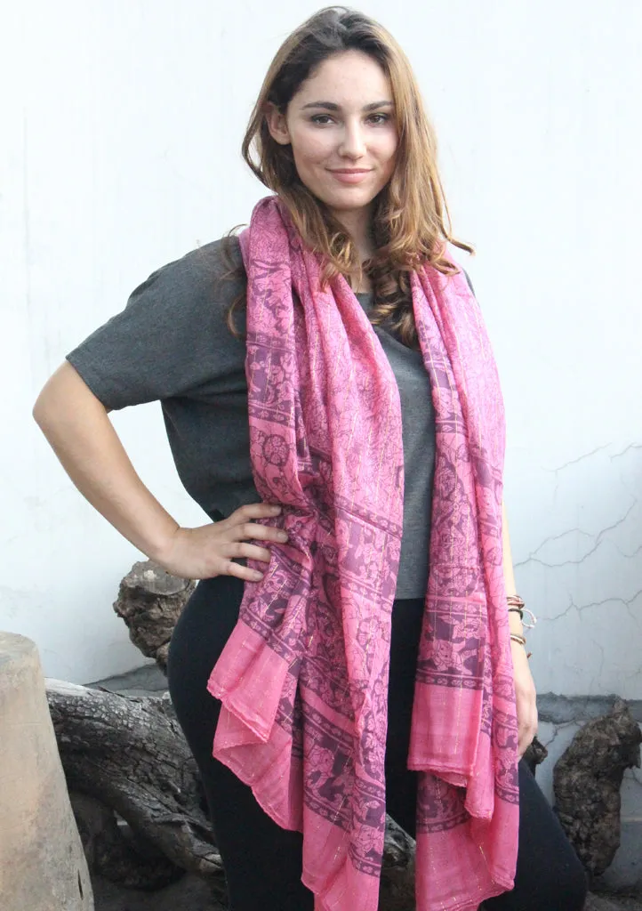 Light Pink Cotton Summer Scarf with Elephant and Deer Print From Nepal