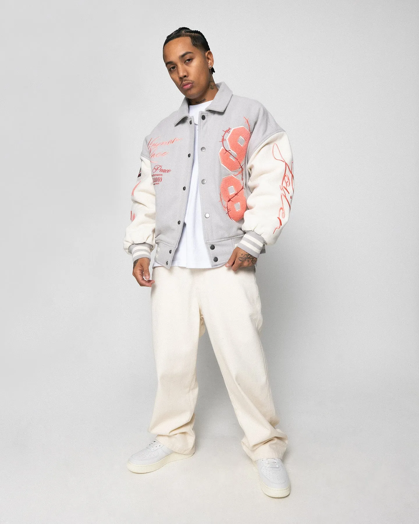 Loiter Flower Varsity Jacket Light Grey/Off White