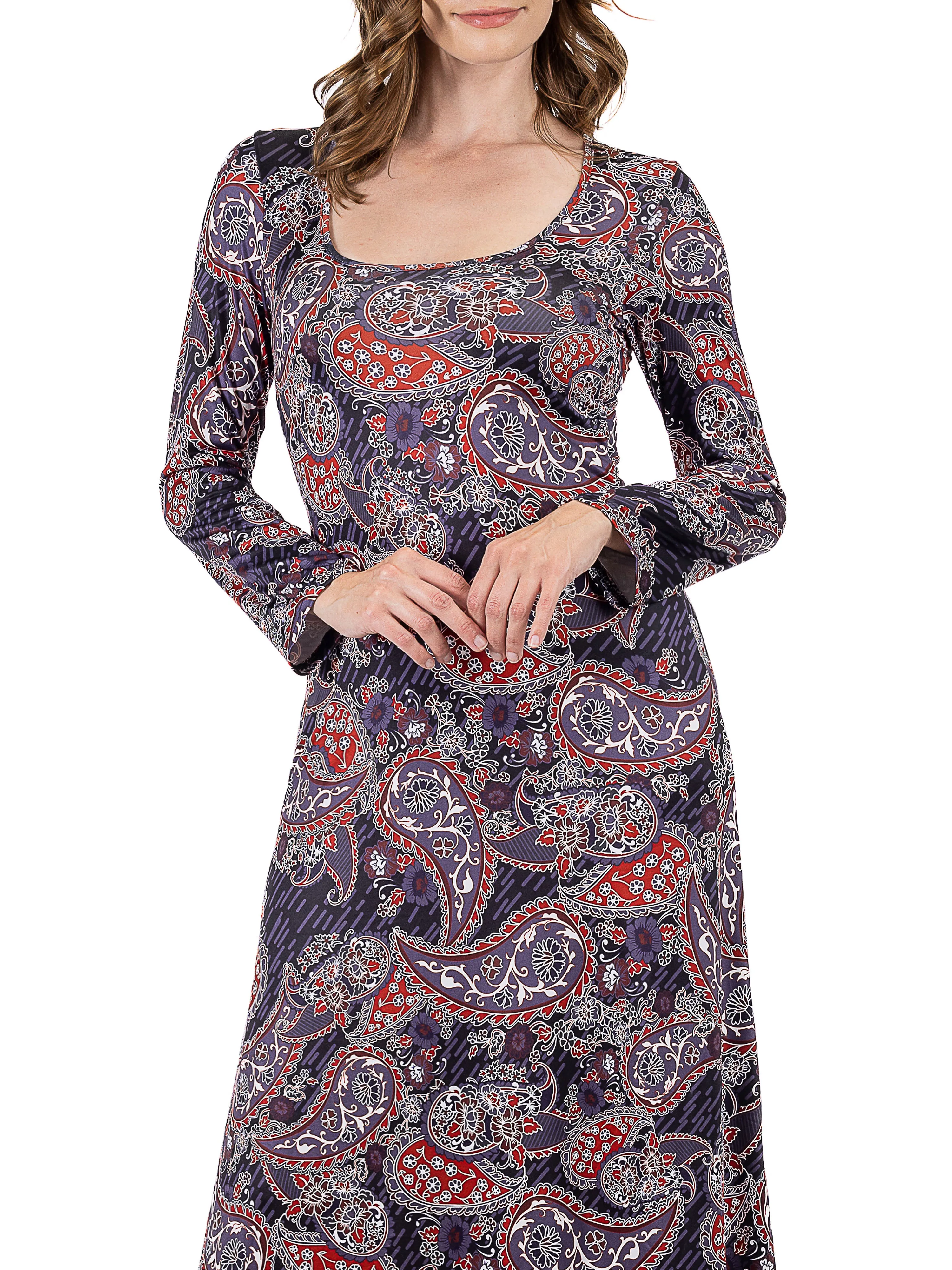 Long Sleeve Black Paisley A Line Maxi Dress