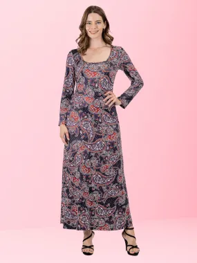 Long Sleeve Black Paisley A Line Maxi Dress