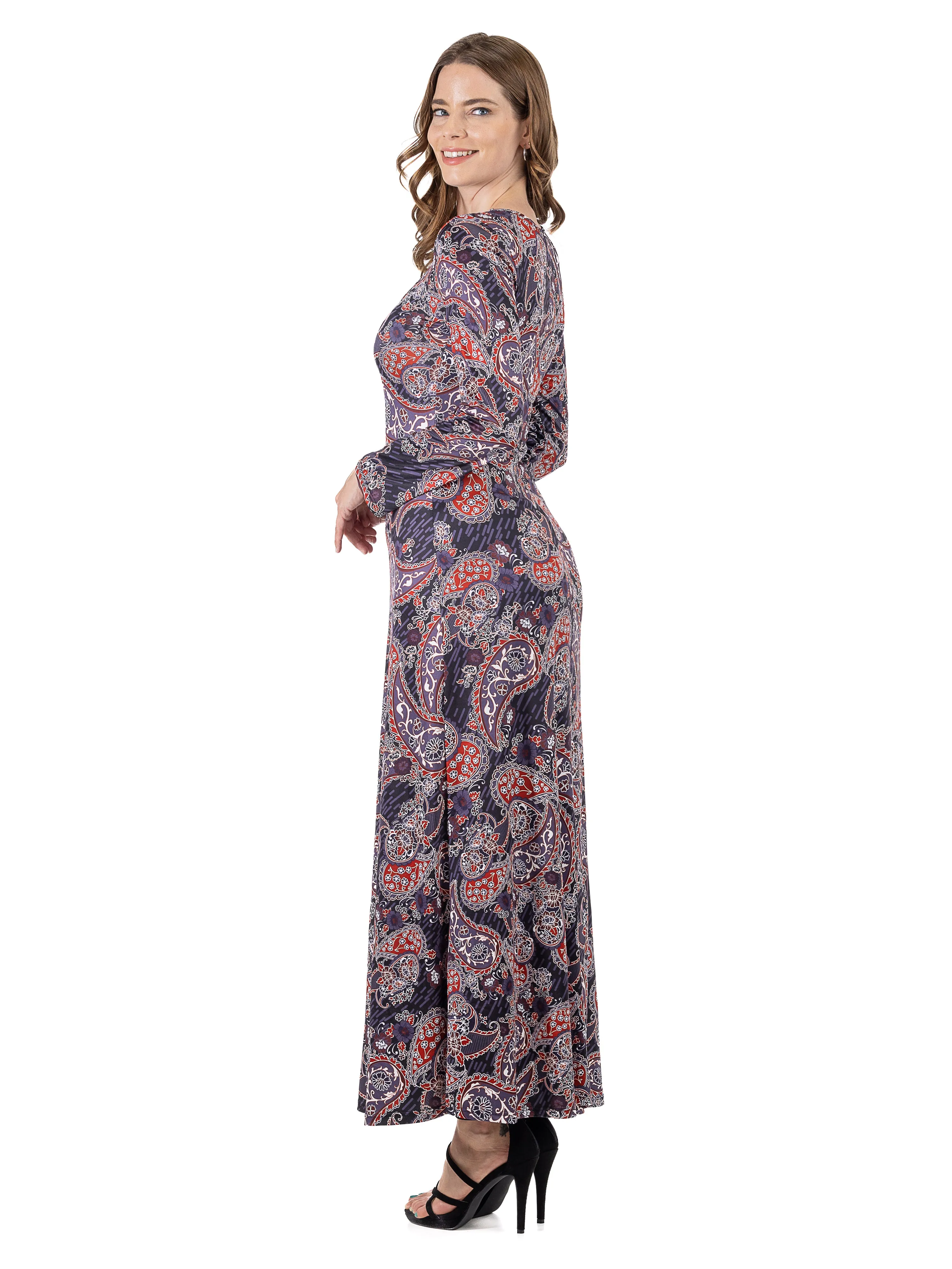 Long Sleeve Black Paisley A Line Maxi Dress