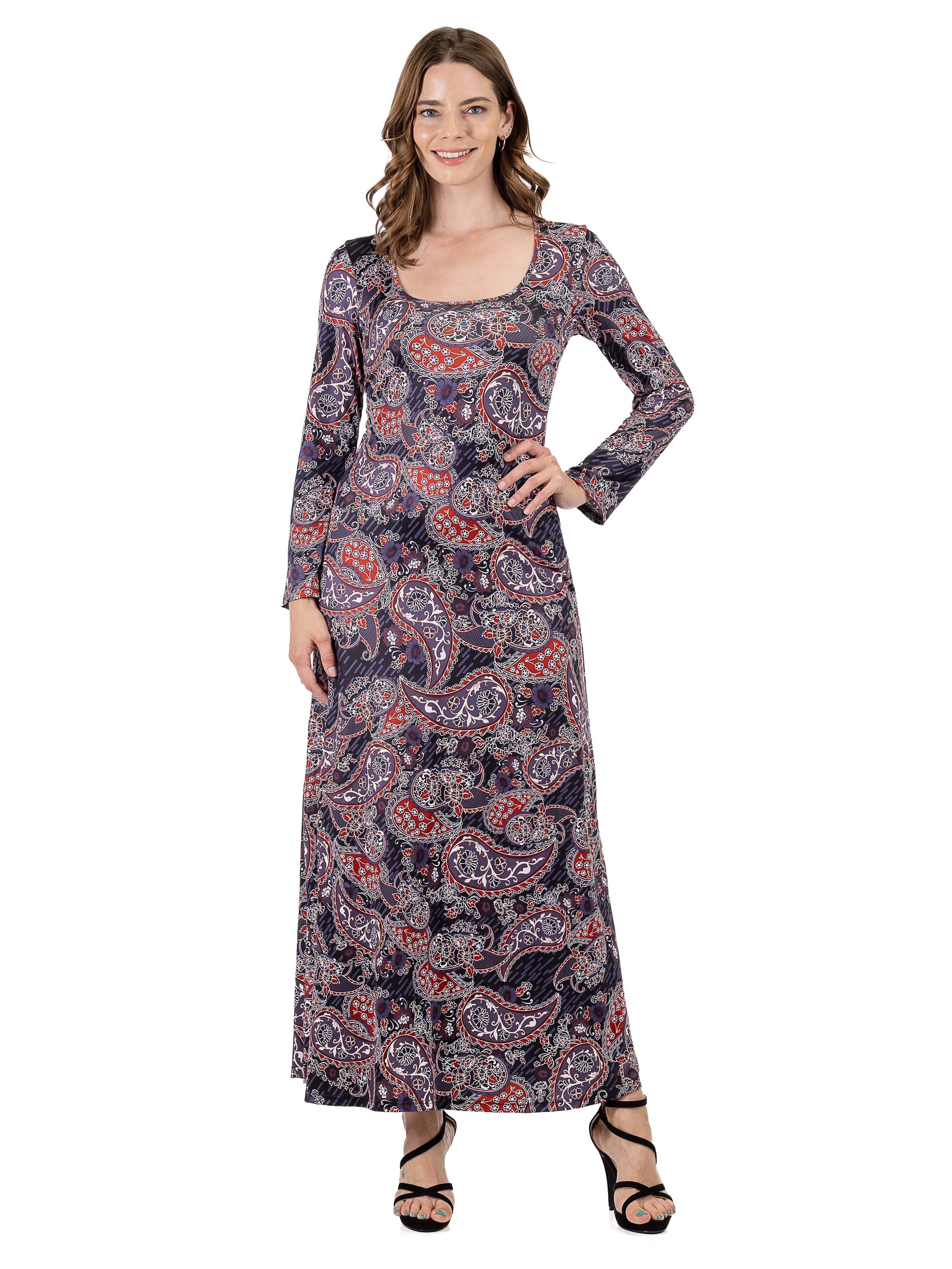 Long Sleeve Black Paisley A Line Maxi Dress