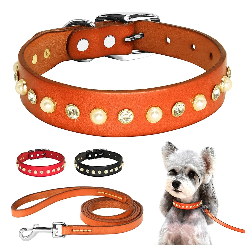 Luxury Rhinestone Leather Dog Leash and Collar Set - For Small to Medium Breeds